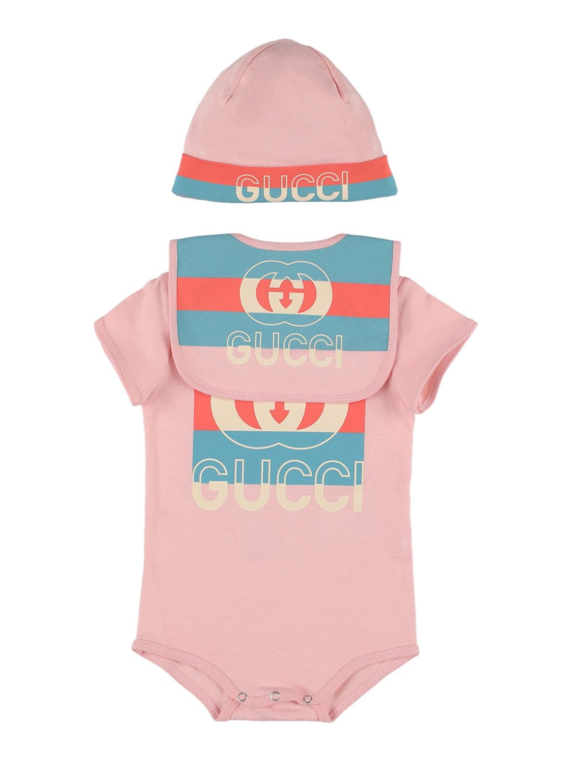 Gucci Baby Cotton Onesie, Bib And Hat Set In White