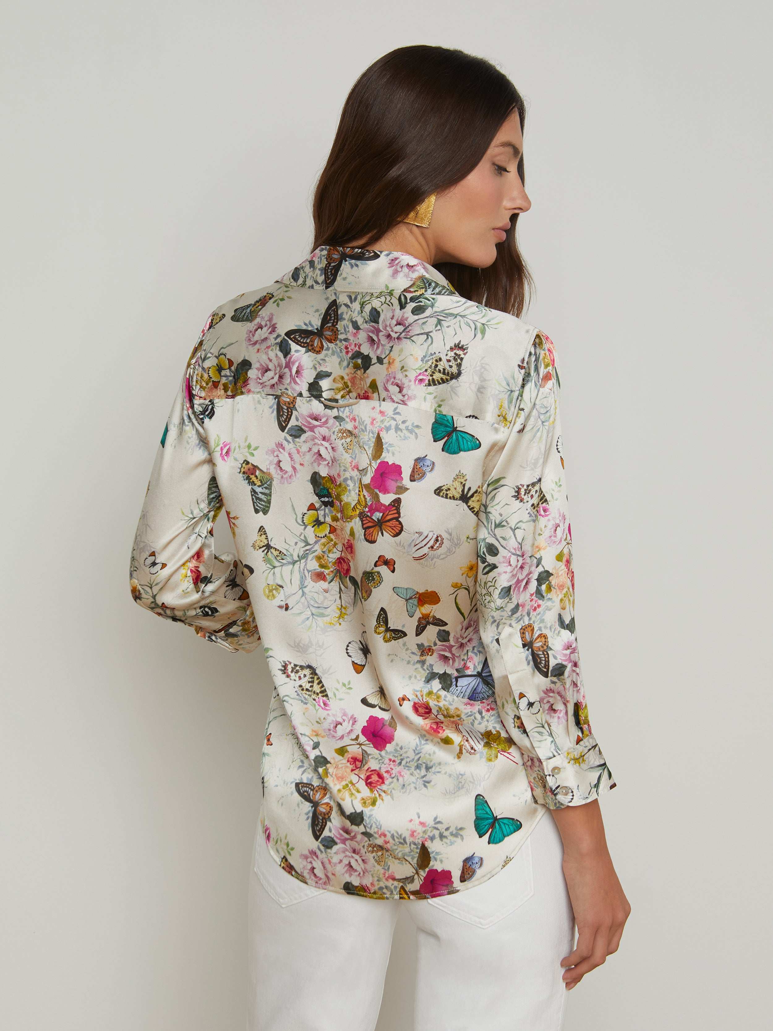 Dani Silk Blouse Top In Vintage White Multi Charonda Butterfly