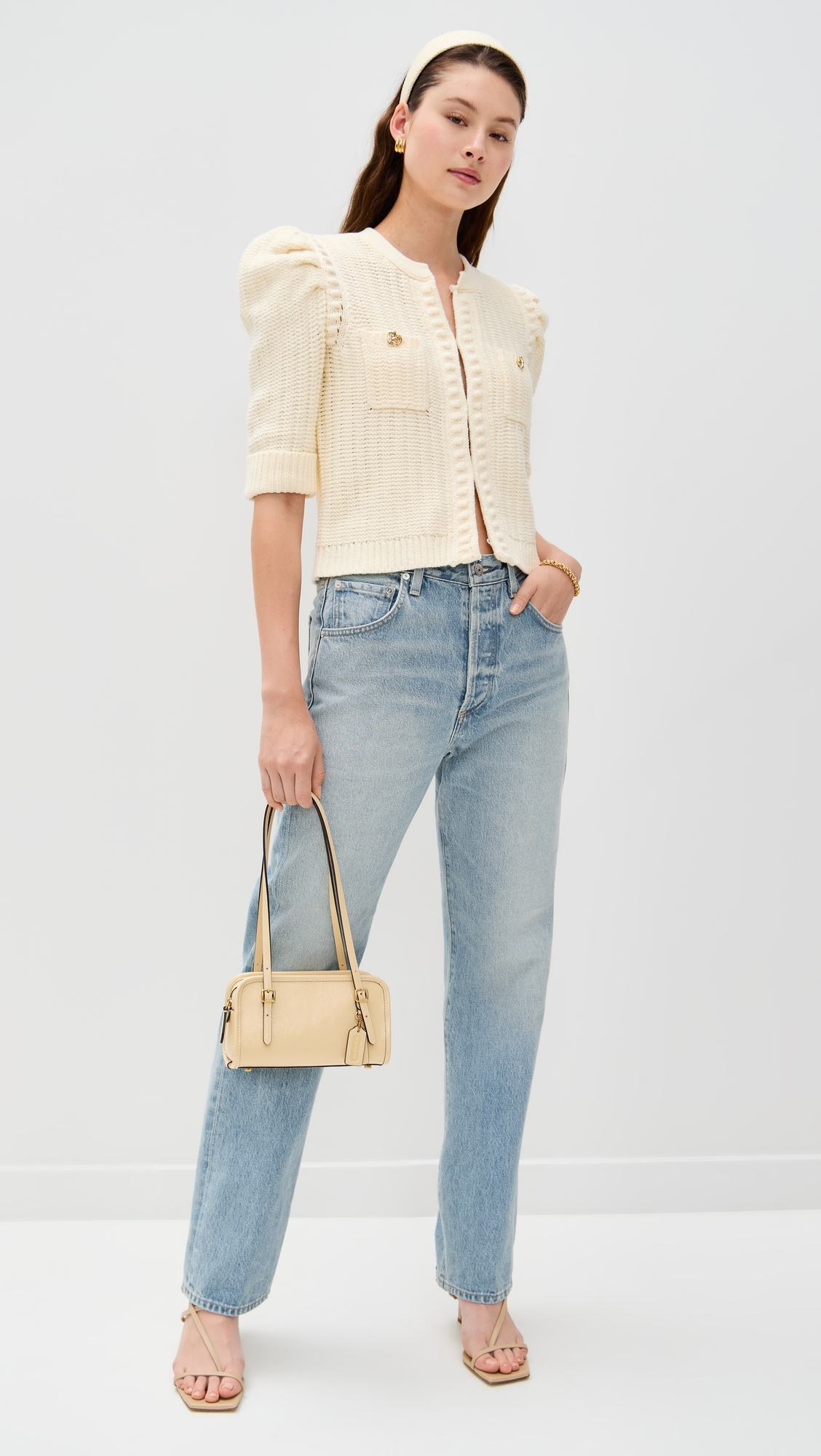 Delilah Crop Textured Cardigan Vintage White/Gold Knot