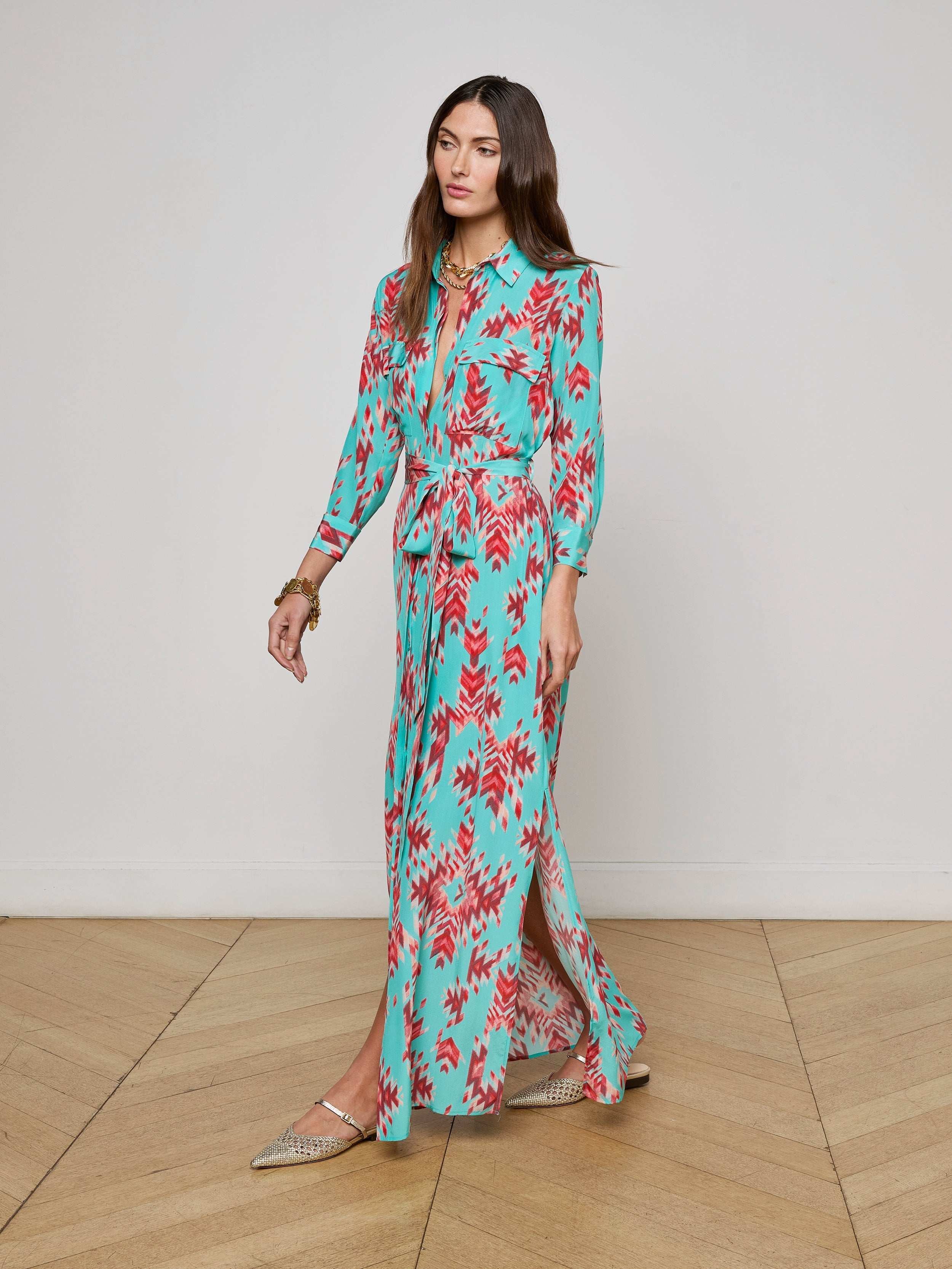 Cameron Silk Shirt Dress In Pool Blue Multi Ganado Print