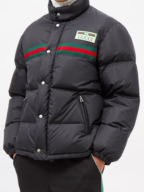 Black Web Stripe nylon-shell quilted down jacket, Gucci