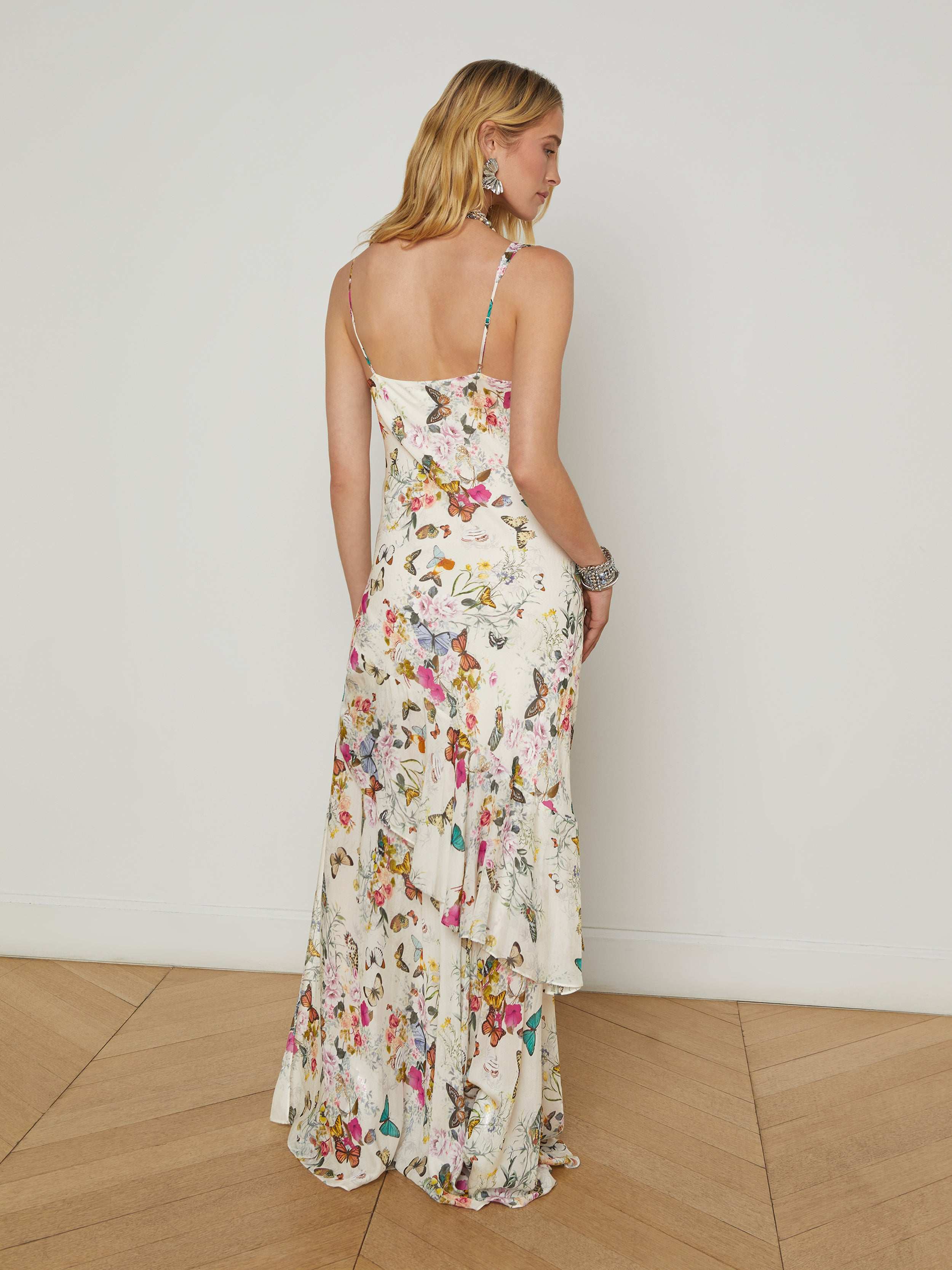 Viola Silk Cowl-Neck Gown In Vintage White Multi Charonda Butterfly