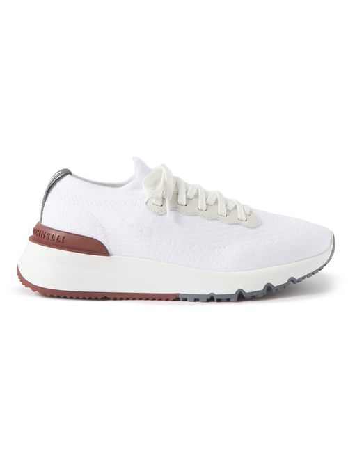 Leather-Trimmed Stretch-Knit Sneakers