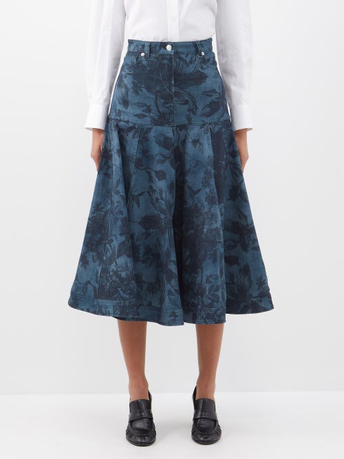 에르뎀 Lace floral-print denim fluted midi skirt
