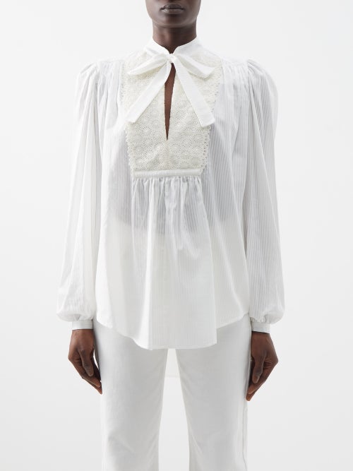 에트로 Striped lace-bib cotton-blend blouse