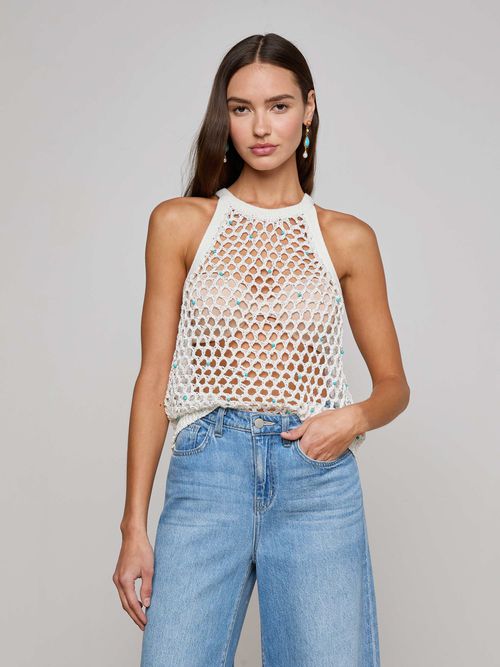 Parmida Embellished Tank In Ivory/turquoise Beads