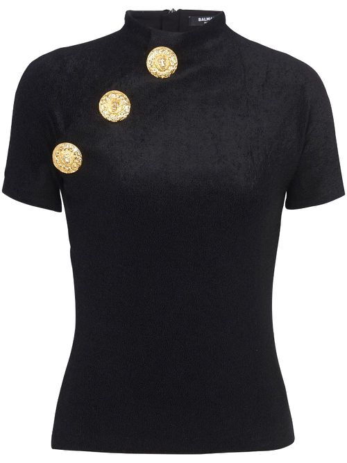 Button-detail velvet T-shirt - Black
