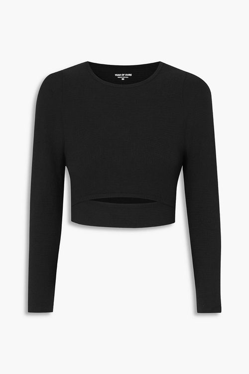 Cropped cutout waffle-knit top - Black - XL