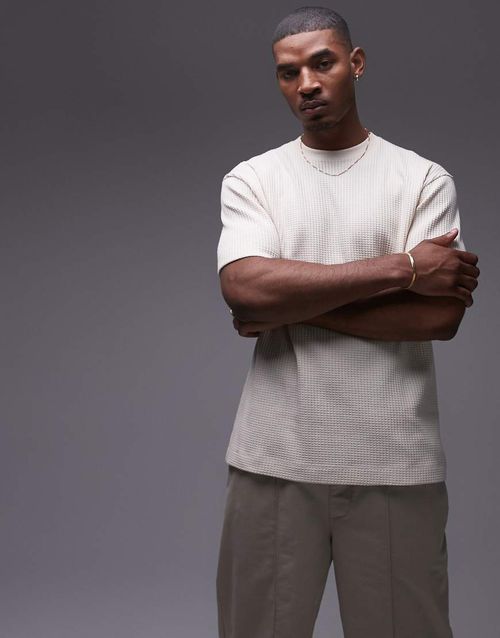 Topman oversized fit waffle T-shirt in ecru-Neutral