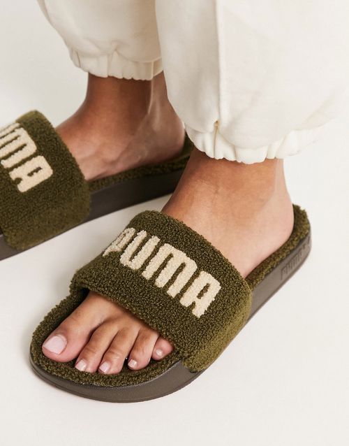 Leadcat sherpa sliders in khaki and oatmeal-Green