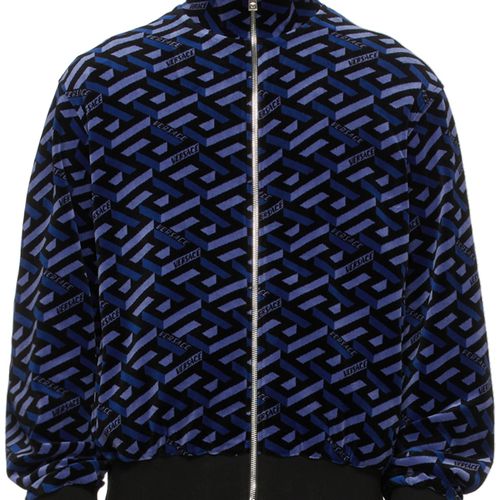 Versace Blue & Black Chenille Monogram Zip-Up Jacket