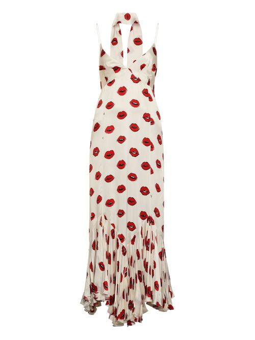 Lip-print pleated maxi dress - ホワイト